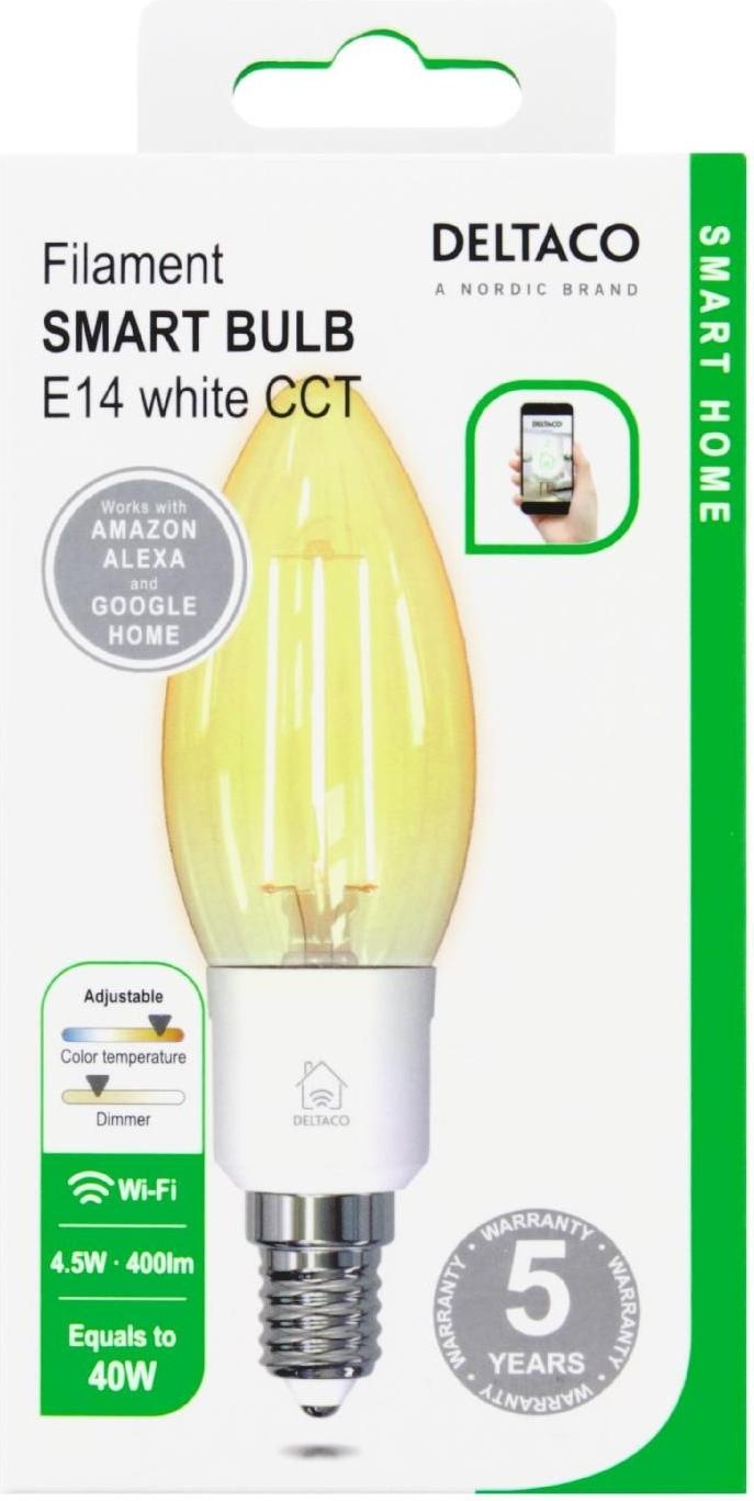 SH-LFE14C35 Žarulja LED smart Deltaco, E14, 4.5W, 1800K-6500K, filament