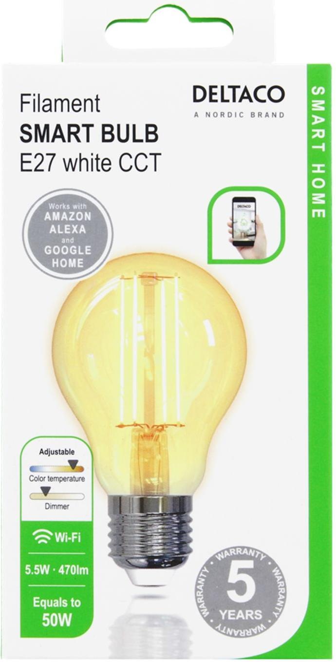 SH-LFE27A60 Žarulja LED smart Deltaco, E27, A60, 5.5W, 1800K-6500K, ravna, filament