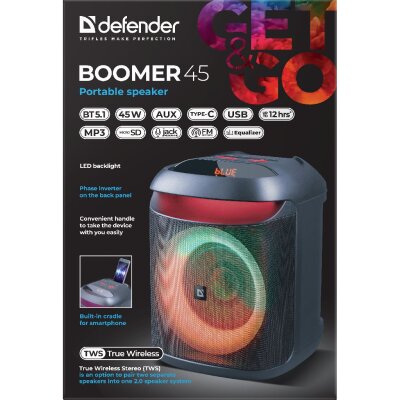 4745090826791 Zvučnik prijenosni Defender Boomer 45, BT/FM/USB/microSD, RMS 45W