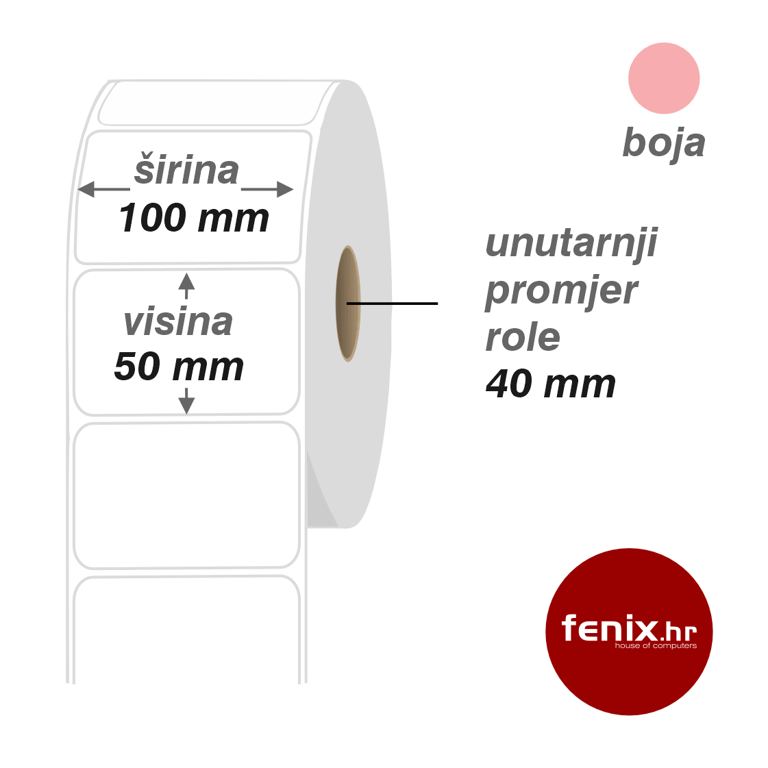 100 x 50 1600 TT ROZA ETIKETE samoljepive 100 x 50 - 1600 kom rola TERMO TOP, fi40, jednoredno ROZA